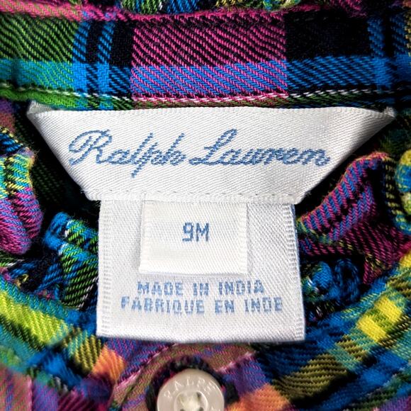 Ralph Lauren Dress Baby Girls Size 9m Pink Mixed Plaid Button Down Mock Neck - Picture 5 of 6